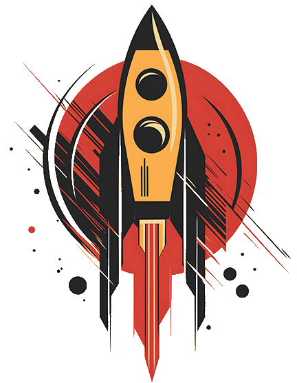 Stylized rocket ship with cream body, black fins, and orange flame trail against circular orange background with motion lines and dots